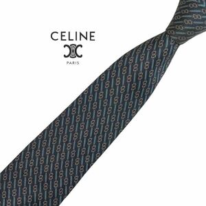 ★やや細め★ CELINE 高級ネクタイ パターン柄 ネイビー系 チェーンブロック柄 USED セリーヌ ネコポス可 中古 t913