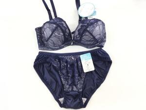 ブラジャー ショーツセット ノンワイヤー 脇高 クラシックレーシー S/S ネイビー 送料250円