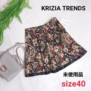 未使用品 KRIZIA TRENDS エスニック風フラワー柄 フレアスカート 膝上 表記サイズ40 L 花柄 黒ベース ベージュ赤茶オフホワイト緑80308