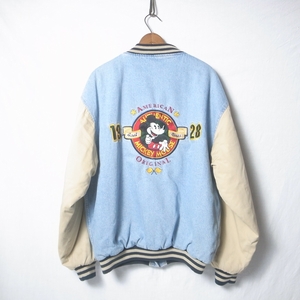 90s ビンテージ ミッキーマウス 刺繍 デニム×コットン スタジャン XL / バーシティジャケット Disney ディズニー オフィシャル