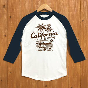 ■ CALIFORNIA ベースボ－ルTシャツ■Lサイズ（ネイビー袖xブラウン） アメ車 カリフォルニア　シェビーバン　サーフィン　CHEVY