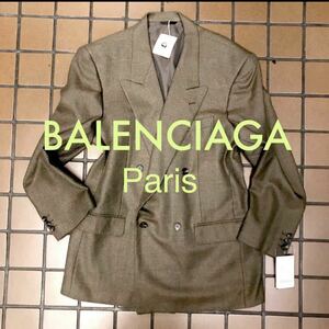 激安新品タグ付きBALENCIAGA Parisビンテージダブルテーラードジャケットガンメタル系朱子織柄サイズAB3 日本製メリノウールsilk混毛　レア