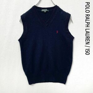 90s　ヴィンテージ　ラルフローレン　ポニー刺繍　Vネック　ウール　ニットベスト　ネイビー　キッズ150cm　POLO RALPH LAUREN