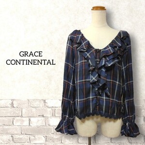 7 【GRACE CONTINENTAL】 グレースコンチネンタル フリル レース チェック ブラウス シャツ 36 S ネイビー 長袖 ベルスリーブ レディース 