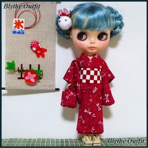 ♪Blythe＊ブライスアウトフィット♪浴衣（とんぼ・エンジ帯）セット・下駄付き！