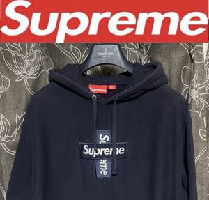 【美品 国内正規品】Supreme シュプリーム cross box logo hooded sweatshirt クロスボックスロゴ スウェットパーカー ネイビーM