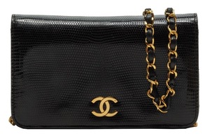 CHANEL / シャネル ココマーク プッシュロック フルフラップ チェーンショルダー リザード 黒（ゴールド金具）