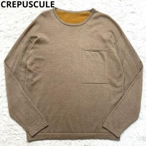 【美品】CREPUSCULE クレプスキュール ウール 長袖 カットソー 1[M] 胸ポケット ブラウン × マスタード メンズ ニット セーター 