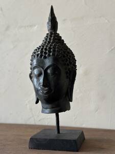 仏陀　仏頭　オブジェ　アンティーク　ヴィンテージ　置物　タイ　古銅　古鉄　時代物　時代　古美術　仏像