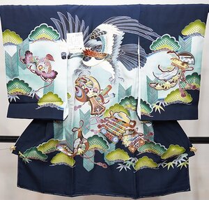 お宮参り 産着 のしめ 男児 男の子 正絹 豪華絢爛 金刺繍 濃紺地 鷹 祝着 新品 (株) 安田屋 NO38474