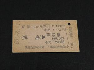 【国鉄】東福生駅発行　拝島連絡　西武線割引乗車券　A型　S60　210円　未使用