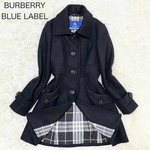 バーバリーブルーレーベル 【極美品 アンゴラ混】ステンカラーコート 38 M位 黒 ノバチェック レディース BURBERRY BLUE LABEL