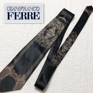 ■未使用タグ付き■GIANFRANCO FERRE ジャンフランコフェレ　ネクタイ　ゴシック風装飾　シルク100% イタリア製　ブラック　ビジネス　幅広