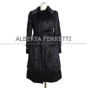 美品 ALBERTA FERRETTI アルベルタフェレッティ I40 リスファー 毛皮 Aライン ロングコート 黒 ブラック