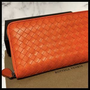 ★【極美品！鑑定済み！】BOTTEGA VENETA ボッテガヴェネタ イントレチャート 長財布 ラウンドファスナー オレンジ　定価7.8万 397