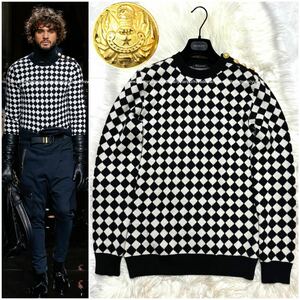 本物 美品 ランウェイ バルマンオム エンブレム金ボタン ダイヤチェック ニット セーター S 白 黒 BALMAIN HOMME コレクションモデル