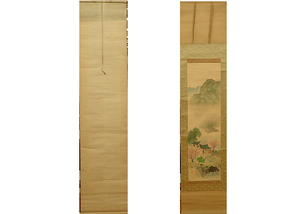 船川華洲 華洲 日本画　絹に彩色　　掛け軸　掛軸　角骨軸　　Japanese hanging scroll　中古