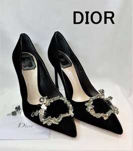 【新品】クリスチャンディオール　DIOR TRESOR ベロア　ラインストーン装飾　パンプス　36　黒　KDP255VELS900