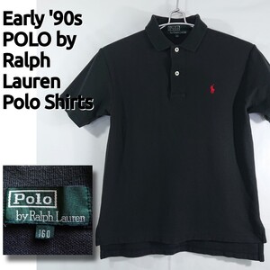 【90s初期】POLO by Ralph Lauren／半袖鹿の子ポロシャツ／黒×赤ポニー／緑タグ／ンテージ／ポロラルフローレン／子供用160≒レディスS位