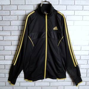 adidas☆CLIMALITE　アディダス　トラックジャケット　ジャージ　ハイネック　ラグランスリーブ　ラインデザイン　ブラック黒　ゴールド金