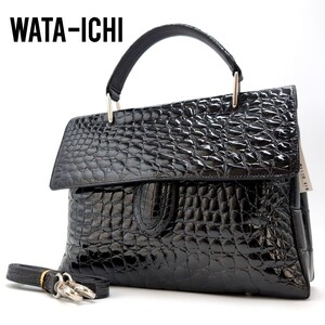 【1円〜】 WATA-ICHI　ワタイチ　2WAY　ハンドバッグ　クロコダイル　シャイニー　肩掛け　レザー　ブラック　 ワニ革　黒