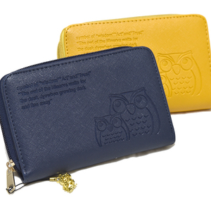 新品 フクロウ 財布 ペア セット レザー 二つ折り ファスナー イエロー ネイビー 縁起 未使用 黄色 紺 福財布 合皮