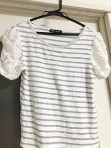 ■◎ミッシュマッシュ★袖レース★パワショルボーダーTシャツ★カットソー★M