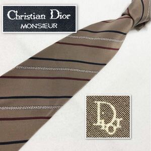 ■美品■Christian Dior クリスチャンディオール　ネクタイ　レジメンタルストライプ　光沢感　イタリア製　ベージュ　ビジネス