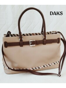 ダックス/DAKS*ショルダー付きトートバッグ*ハンドバッグ*手提げ*カバン*斜め掛け鞄*ベージュ×ブラウン*A4対応*チェック*レディース