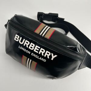 【未使用級】BURBERRY LONDON ENGLAND バーバリー ロンドン ソニー バムバッグ ウエストポーチ クロスボディ ストライプ ブラック ベージュ