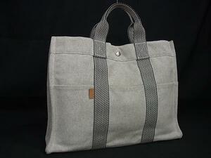 1円 ■美品■ HERMES エルメス ニューフールトゥ キャンバス シルバー金具 ハンドバッグ トートバッグ レディース メンズ グレー系 FF1498