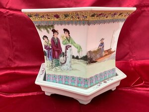 粉彩人物図六角鉢盆栽鉢/皿付/景徳鎮製/中国美術 高さ約20cm 中古品 ACB