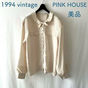 ■ 美品 ■ 90s vintage ■ PINK HOUSE ピンクハウス ■ リボン 縁かがり刺繍 ピンタック ■ ブラウス M~Lくらい アイボリー ベージュ系 ■