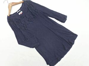 TOMMY HILFIGER トミーヒルフィガー レース切替 ７分袖 カットソー sizeS/濃紺 ■◇ ☆ eda9 レディース