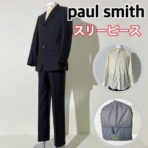 【スリーピース】不織布付き paulSmith LONDON ポールスミスロンドン ウール スーツ セットアップ ジャケット パンツ シャツ ブラック M D5