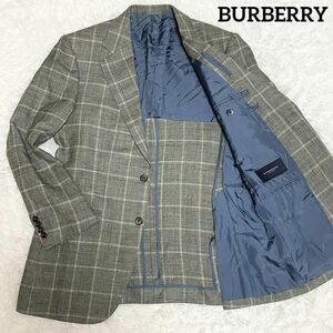 B73 BURBERRY LONDON　バーバリーロンドン　テーラードジャケット　グレー　灰色　S相当　チェック柄　麻30%　裏地ロゴ柄