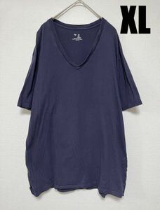 Gap シンプルディープVネックTシャツ ユニセックス ネイビー XLサイズ半袖 無地 カットソー ベーシック ビックシルエット レイヤード