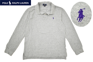 Y-7805★送料無料★美品★POLO RALPH LAUREN ポロ ラルフローレン★正規品 グレー ポニーロゴ刺繍 鹿の子 長袖 ポロシャツ L 14-16 160cm