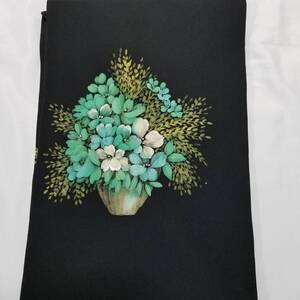 【桐輪】逸品物＊美品｛正絹*塩瀬地*手描き染*九寸名古屋帯｝*黒地*花籠の花模様*お太鼓柄*№4058