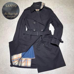 希少●美品●サンヨー SANYO 100年コート 2way トレンチコート チェック ロングコート ブラック ライナー付き メンズ レディース サイズL