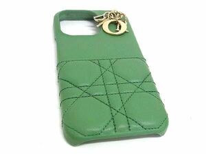 ■極美品■ ChristianDior ディオール レディディオール カナージュ レザー iPhone13 Pro対応 アイフォンケース グリーン系 AV8804