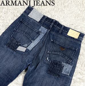 【美品】 ARMANI アルマーニ 【入手困難】 クレイジーパターン パッチワーク デニムパンツ メンズ M相当 ロゴ インディゴ ジーパン