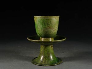 【瓏】陶磁器 絞胎緑釉套杯 唐代 染付 置物擺件 古賞物 中国古美術 蔵出