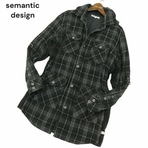 semantic design セマンティック デザイン 襟ワイヤー★ 切替 ロング丈 長袖 ワーク チェック シャツ Sz.L　メンズ 灰　A4T07737_7#B