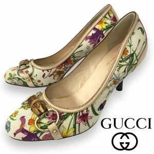 k234 未使用 GUCCI グッチ フローラ バンブー パンプス ホースビット ハイヒール キャンバス レザー 35.5 イタリア製 正規品138711 