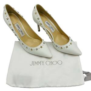 1円 jimmy choo ジミーチュウ 星柄 ホワイト ポインテッドトゥ ピンヒール レザー スタースタッズ レディース 37 1/2 24.5ｃｍ