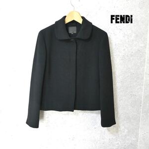 美品 FENDI フェンディ サイズ42 アセテート×シルク 厚手 スナップボタン ショート丈 シングル ジャケット 黒 ブラック