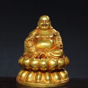 旧藏 中國 清代 銅製 琉金 弥勒仏 仏像 仏教古美術 供養品 極細工 禅宗 時代物 置物 古美術品 唐物 YF405