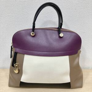 FURLA フルラ パイパー L レザー ハンドバッグ 2way トート バッグ マルチカラー パープル ブラウン ストラップ欠品