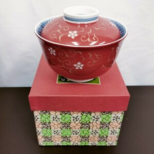 【未使用】お茶漬け茶碗 加山作 蓋付きミニ丼 ／お茶漬け昆布器 ／箱付き 商品購入時セット品 赤 朱色 金 小花 13×10